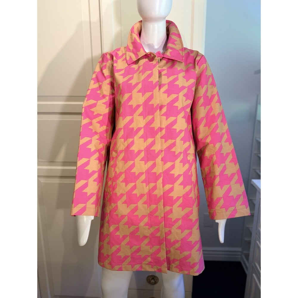 Mizrahi Women's Pink & Tan Houndstooth Rain Trench Coat XL Jacket Mid-Length